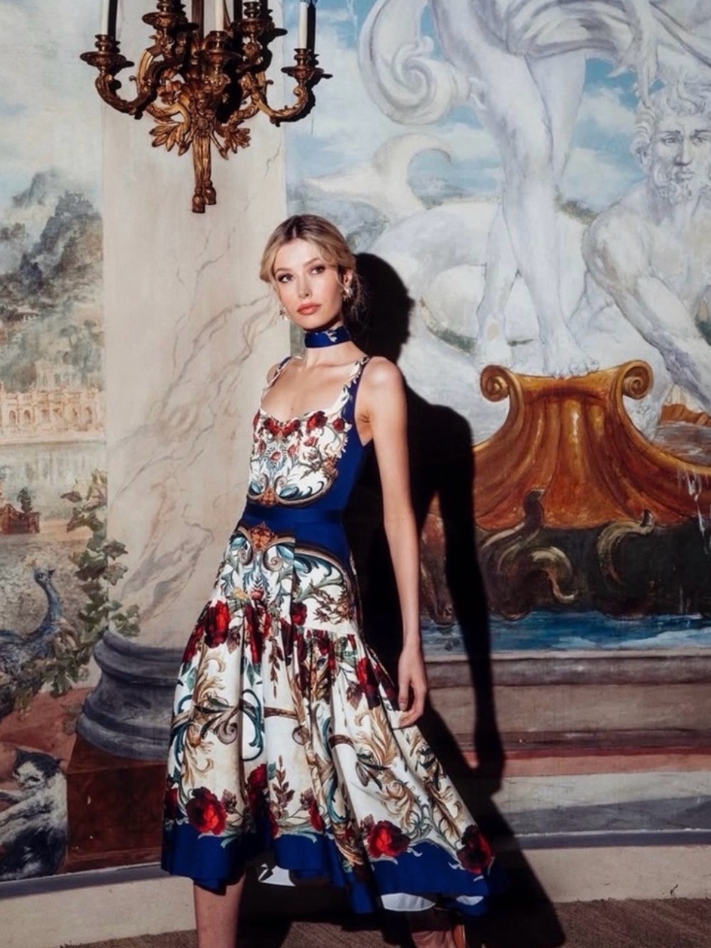 Alice and Olivia Floral Baroque Midi Skirt Dress in Blue and White